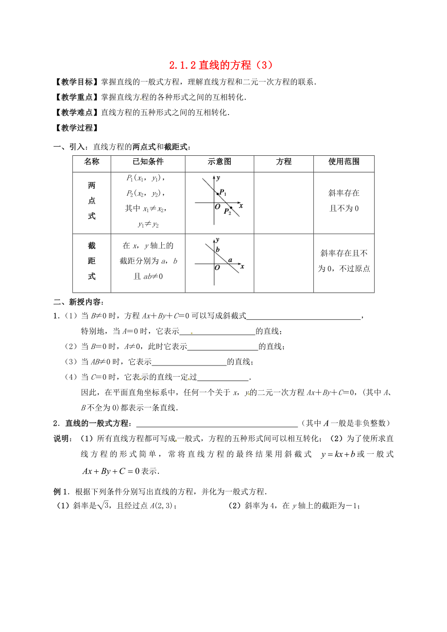 江蘇省鎮(zhèn)江市丹徒鎮(zhèn)高中數(shù)學 2.1.2 直線的方程（3）學案（無答案）蘇教版必修2_第1頁