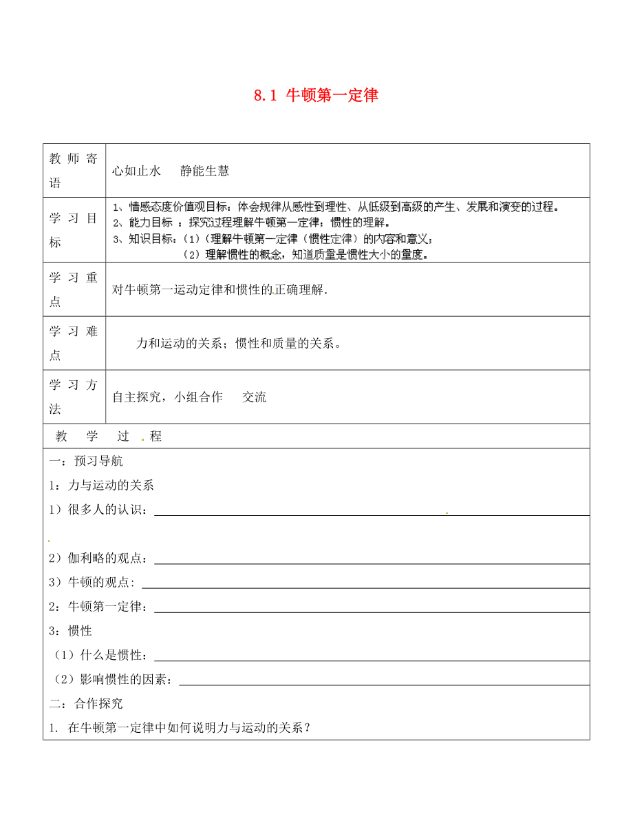 山东省广饶县丁庄镇中心初级中学八年级物理下册 8.1 牛顿第一定律导学案（无答案）（新版）新人教版_第1页