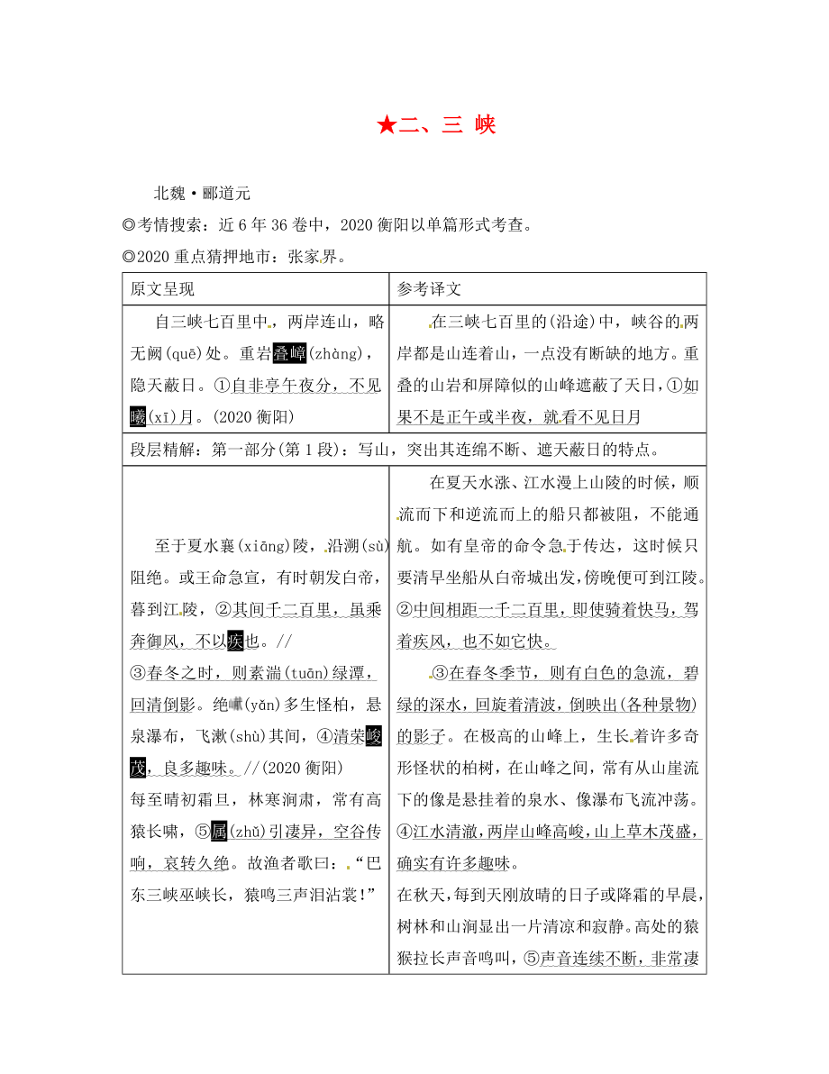 湖南省2020中考语文 第二部分 古诗文阅读 专题一 文言文阅读 二 三峡素材 语文版_第1页