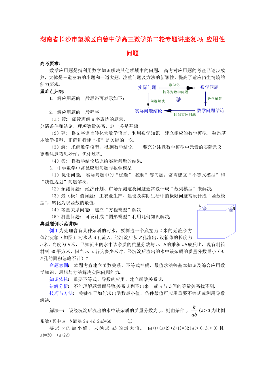 湖南省長沙市望城區(qū)白箬中學高三數(shù)學第二輪專題講座復習 應用性問題_第1頁