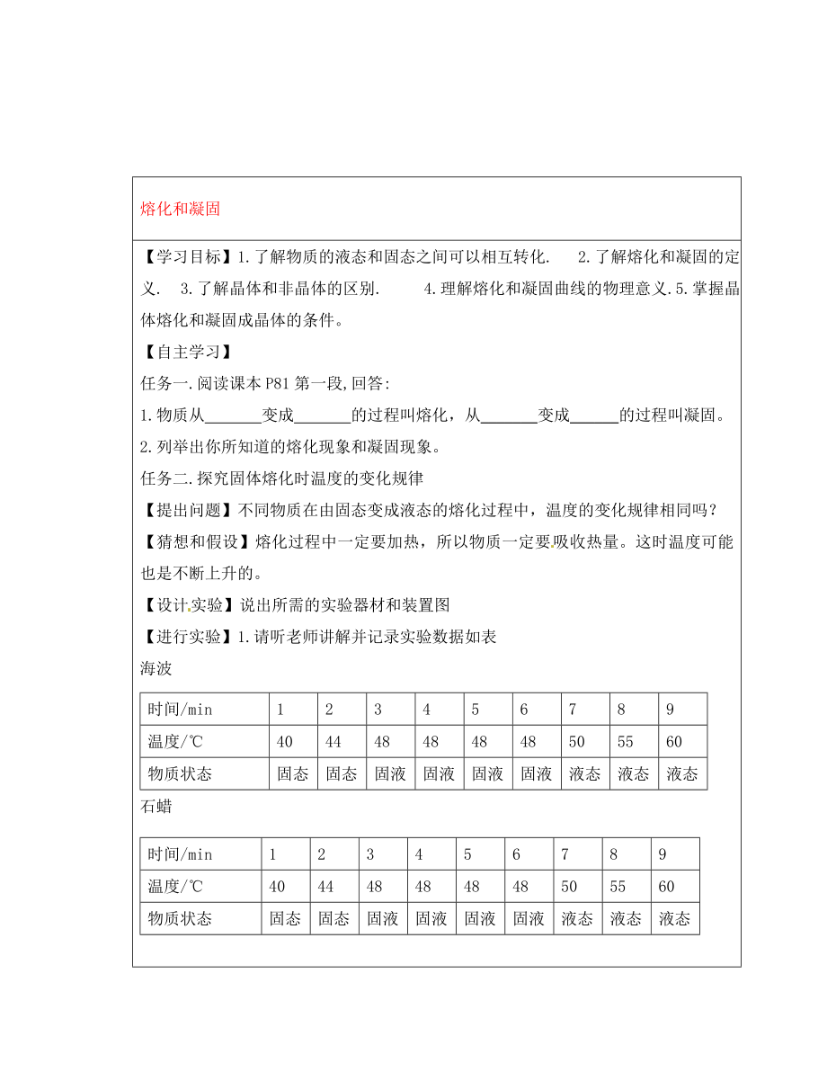 河北省豐寧滿族自治縣窄嶺中學(xué)八年級(jí)物理上冊(cè) 3.2 熔化和凝固學(xué)案（無答案）（新版）新人教版_第1頁