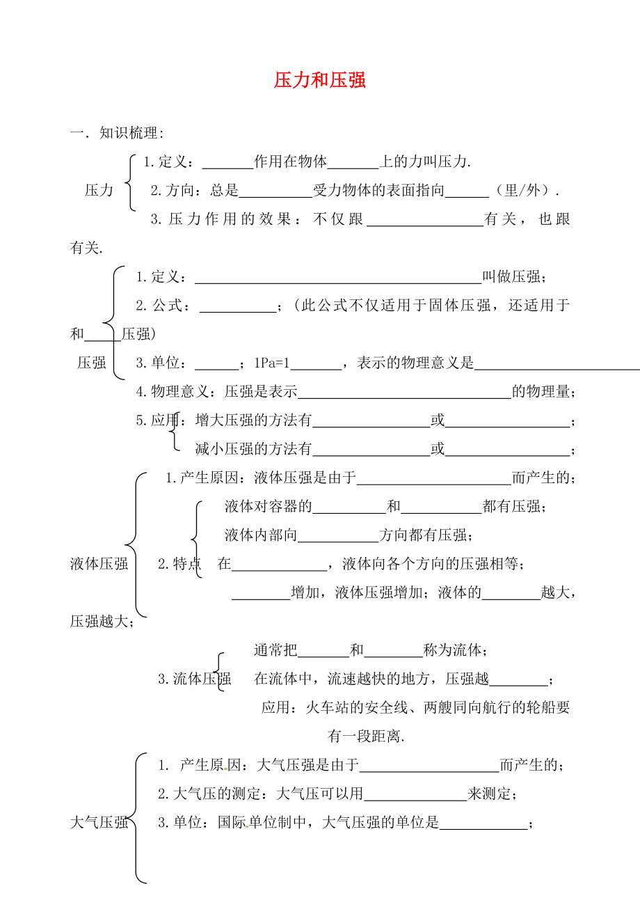 江蘇省句容市天王中學(xué)九年級(jí)物理 壓力壓強(qiáng)復(fù)習(xí)學(xué)案（無(wú)答案）_第1頁(yè)