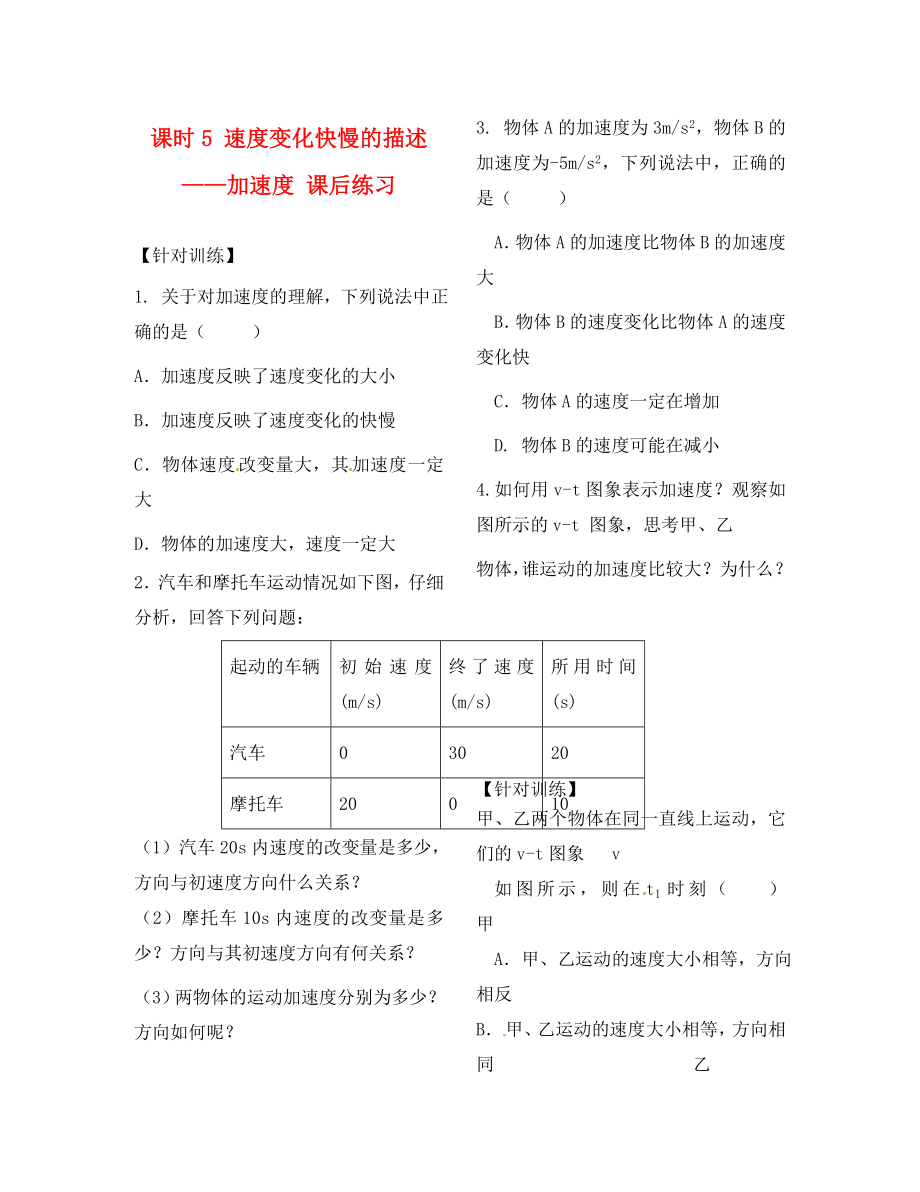 2020學(xué)年高中物理 初升高課程銜接 第5課時(shí)《速度變化快慢的描述-加速度》課后練習(xí)（無答案）新人教版必修1_第1頁