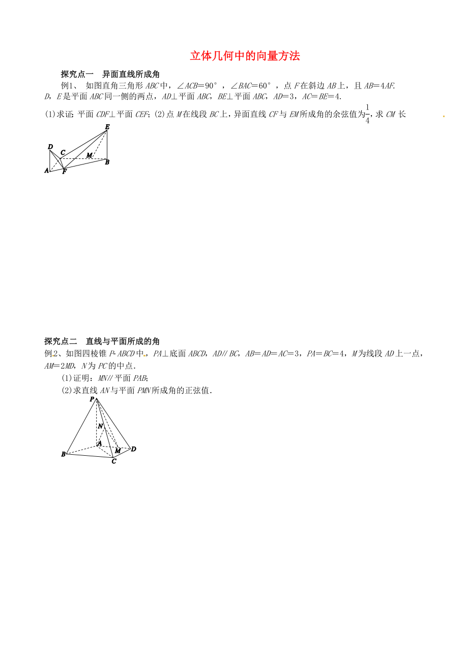 浙江省杭州市2020屆高考數(shù)學(xué)總復(fù)習(xí) 立體幾何中的向量方法學(xué)案（無答案）_第1頁