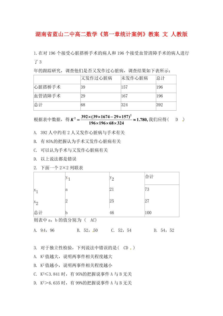 湖南省蓝山二中高二数学《第一章统计案例》教案 文 人教版_第1页