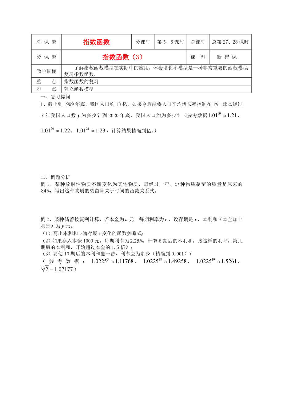 江蘇省溧水縣第二高級(jí)中學(xué)高中數(shù)學(xué) 第27-28課時(shí)指數(shù)函數(shù)3教學(xué)案 蘇教版必修1_第1頁