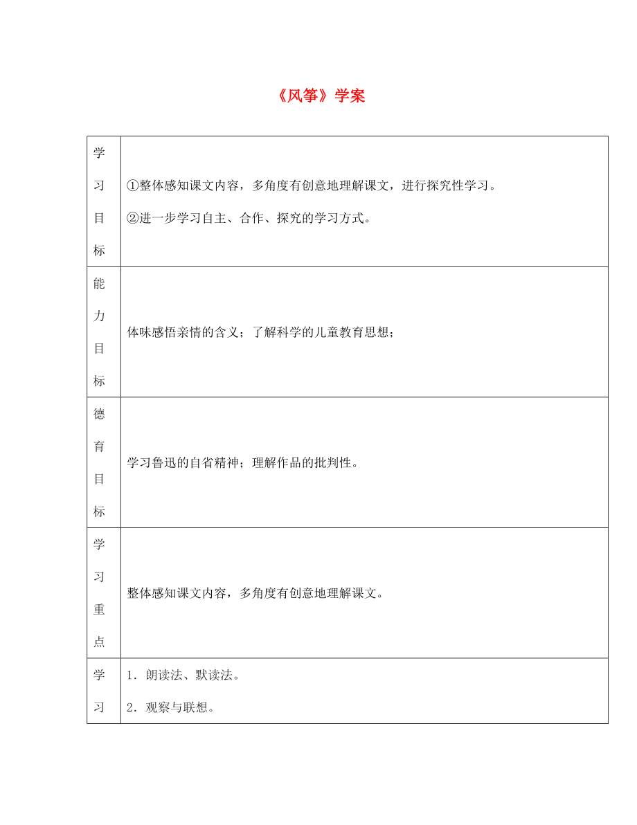 江西省萍鄉(xiāng)市第四中學(xué)七年級(jí)語(yǔ)文上冊(cè) 21《風(fēng)箏》學(xué)案（無(wú)答案） 人教新課標(biāo)版_第1頁(yè)