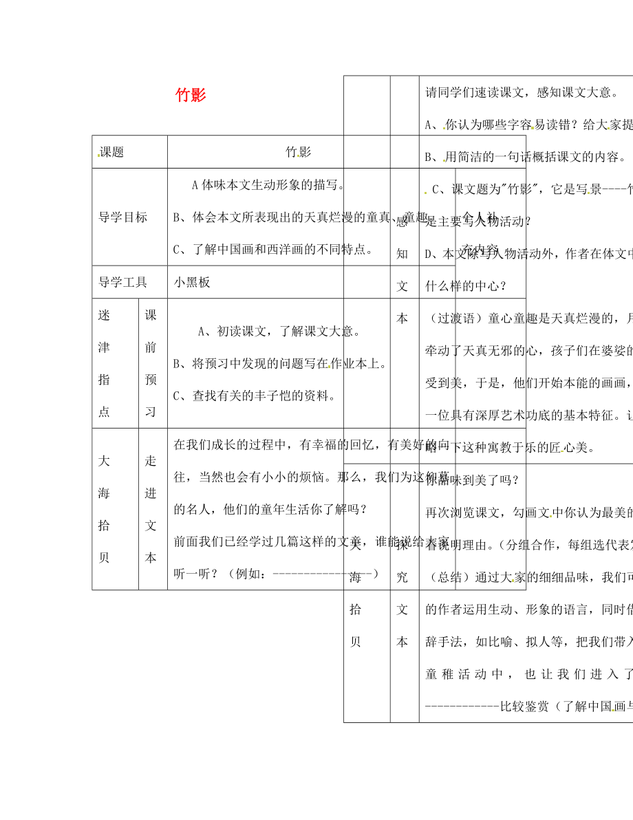 江西省吉安縣鳳凰中學七年級語文下冊 竹影導學案（無答案） 新人教版（通用）_第1頁