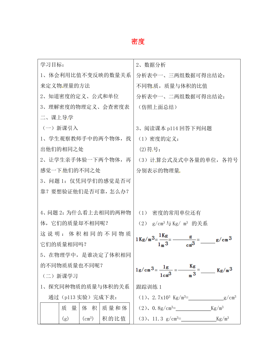 河北省豐寧滿族自治縣窄嶺中學(xué)八年級物理上冊 6.2 密度學(xué)案1（無答案）（新版）新人教版_第1頁