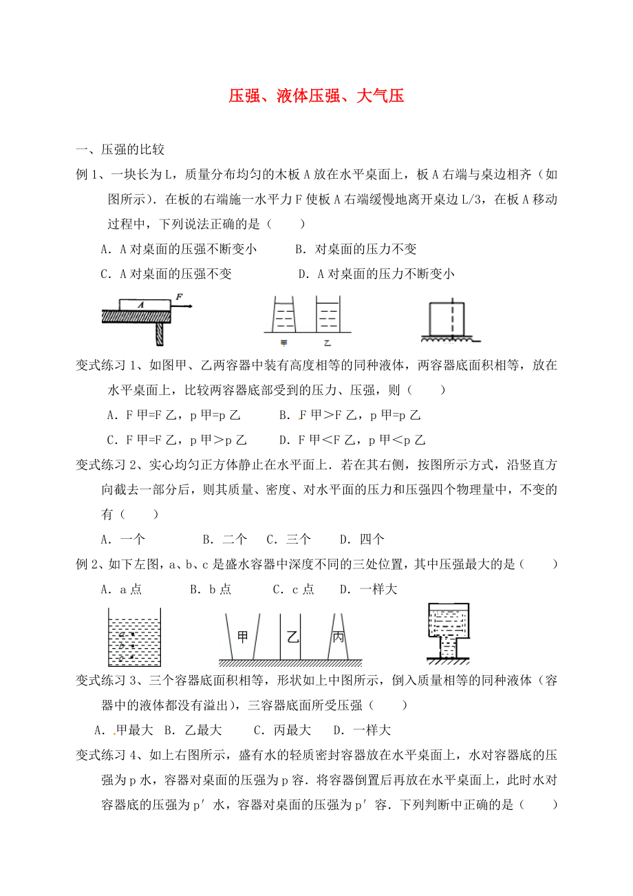 江蘇省太倉市2020屆中考物理復(fù)習(xí) 壓強(qiáng)、液體壓強(qiáng)、大氣壓（無答案）_第1頁