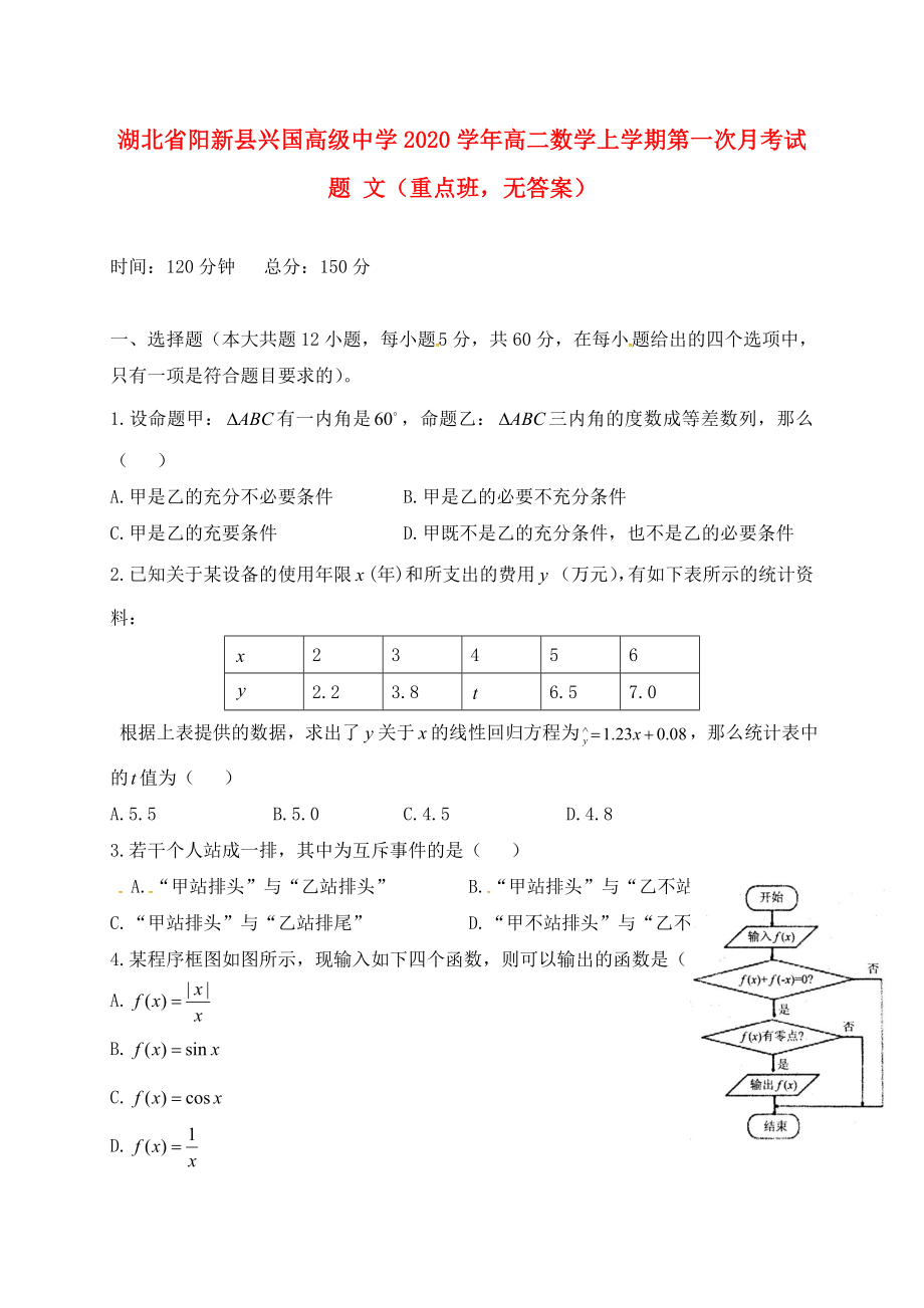 湖北省陽新縣興國高級中學(xué)2020學(xué)年高二數(shù)學(xué)上學(xué)期第一次月考試題 文（重點班無答案）_第1頁