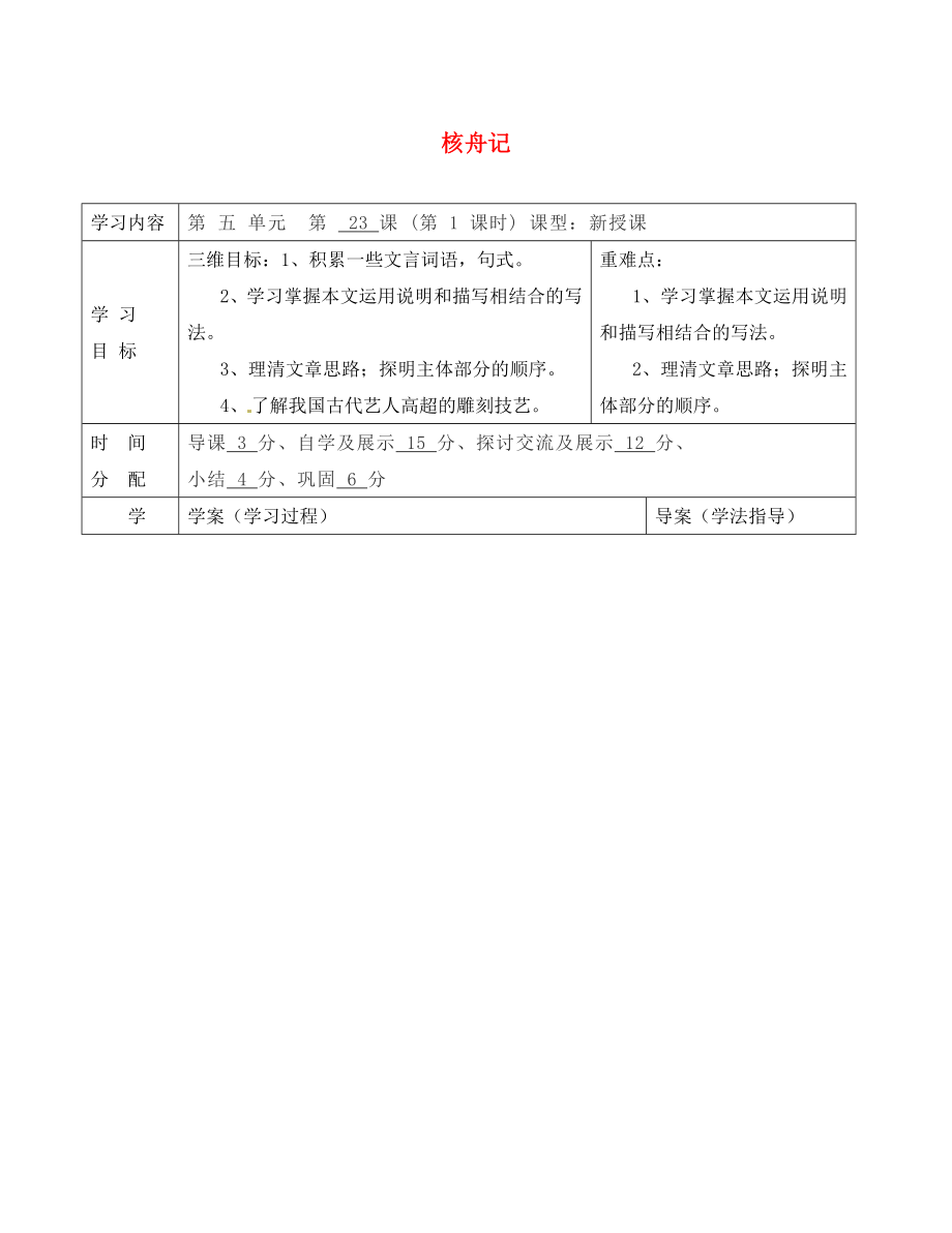 陜西省山陽縣色河中學(xué)八年級(jí)語文上冊(cè) 23 核舟記（第2課時(shí)）學(xué)案（無答案）（新版）新人教版_第1頁