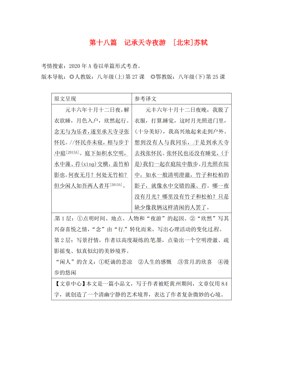 重庆市2020中考语文试题研究 第二部分 古诗文积累与阅读 专题二 文言文阅读 第十八篇 记承天寺夜游素材_第1页