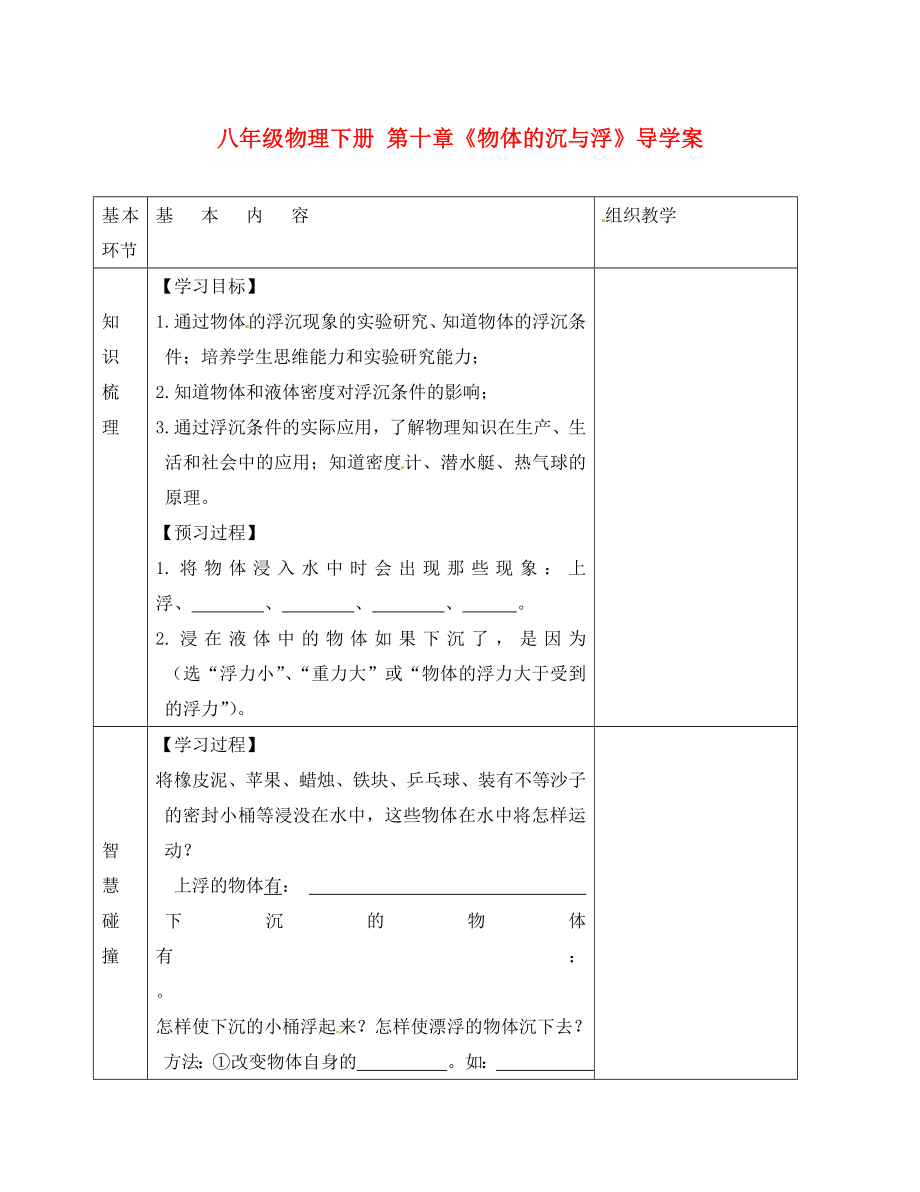 江蘇省沭陽縣官墩初級中學(xué)八年級物理下冊 第十章《物體的沉與浮》導(dǎo)學(xué)案（無答案）（新版）新人教版_第1頁