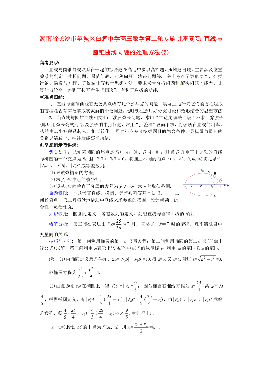 湖南省長沙市望城區(qū)白箬中學高三數(shù)學第二輪專題講座復習 直線與圓錐曲線問題的處理方法(2)_第1頁