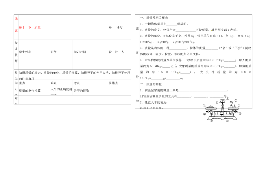 湖北省武漢市陸家街中學(xué)九年級(jí)物理 第十一章 質(zhì)量導(dǎo)學(xué)案（無(wú)答案）_第1頁(yè)