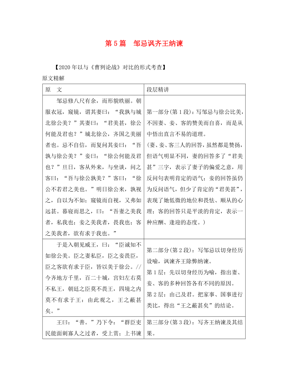 （課標(biāo)版）安徽省2020中考語文 第二部分 閱讀專題四 文言文閱讀 第5篇 鄒忌諷齊王納諫_第1頁