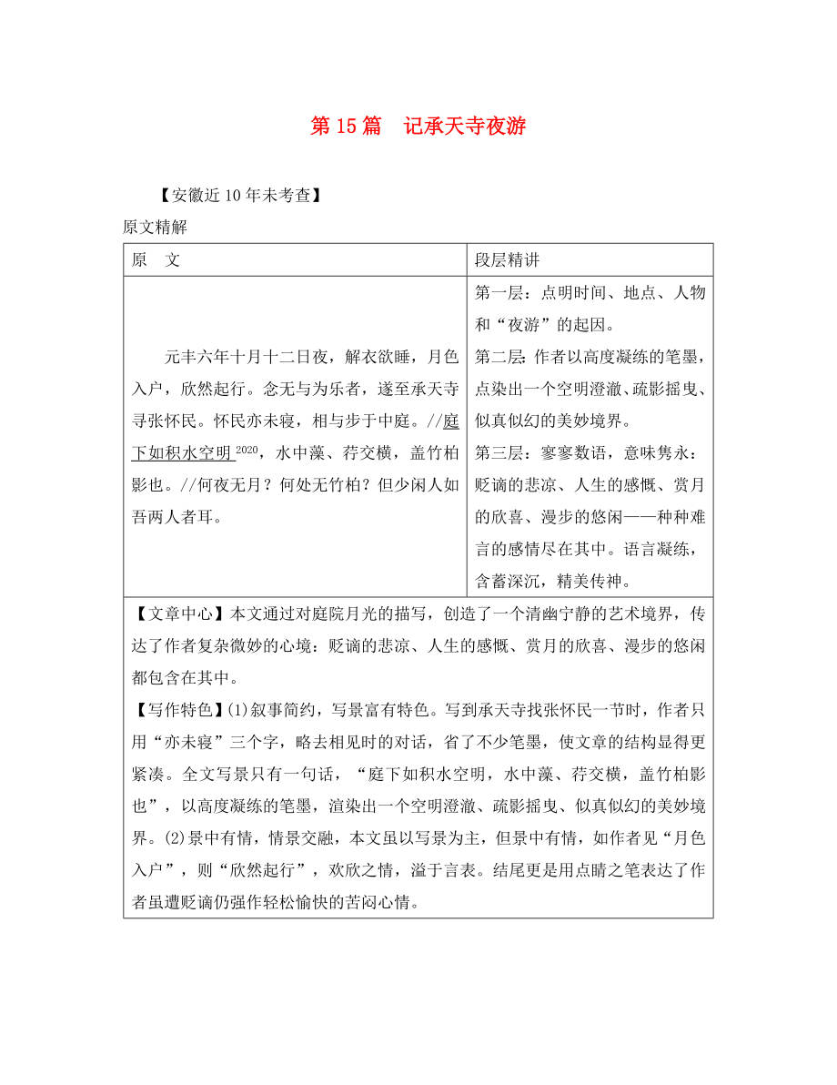 （課標版）安徽省2020中考語文 第二部分 閱讀專題四 文言文閱讀 第15篇 記承天寺夜游_第1頁