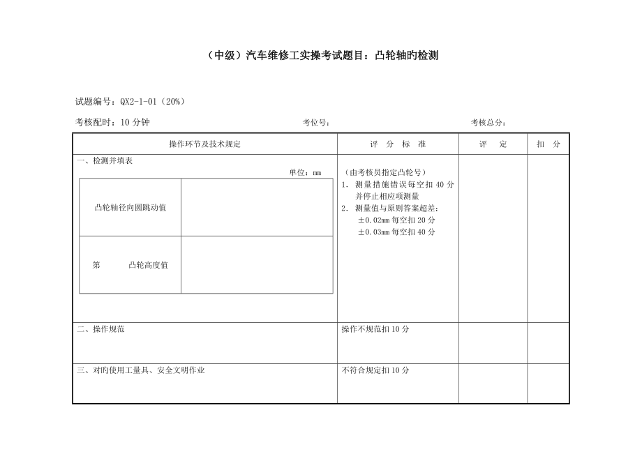 2022中级汽车维修工实操考试题目凸轮轴的检测_第1页