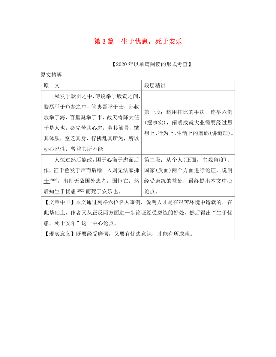 （課標(biāo)版）安徽省2020中考語文 第二部分 閱讀專題四 文言文閱讀 第3篇 生于憂患死于安樂_第1頁