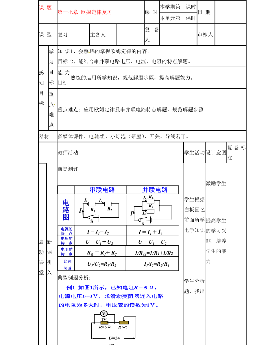 山東省鄒平縣實驗中學九年級物理全冊 第十七章 歐姆定律復習學案 （新版）新人教版_第1頁