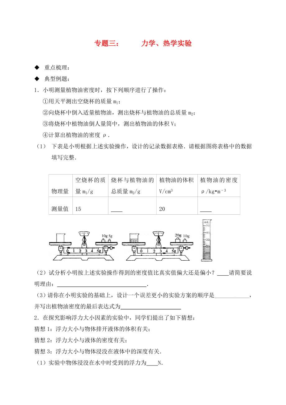 山東省臨沂市2020年中考物理二輪專題復(fù)習(xí) 專題三 力學(xué)熱學(xué)實(shí)驗(yàn)專題（無答案）_第1頁(yè)