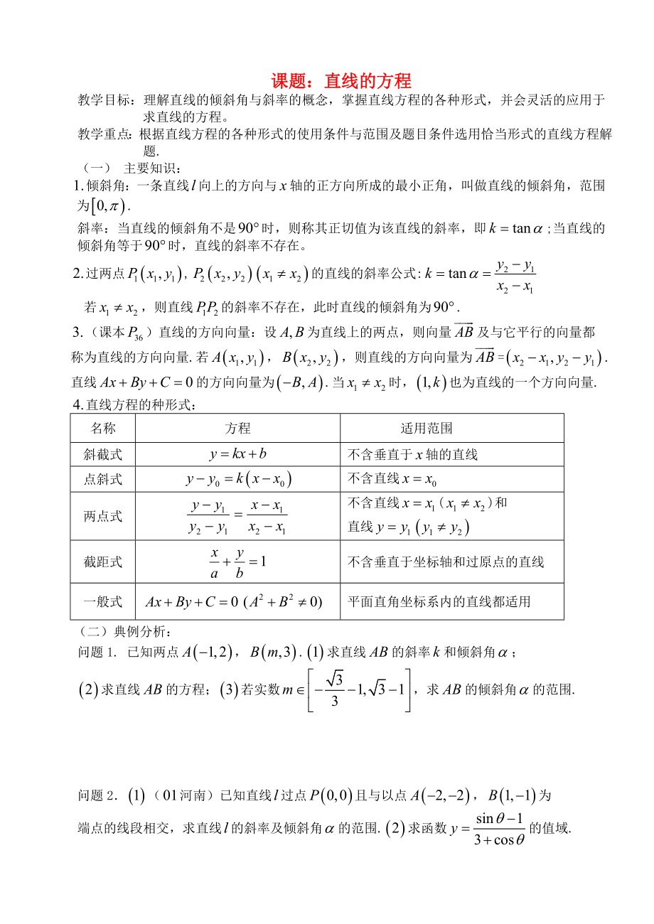 高三数学 第45课时 直线的方程教案_第1页