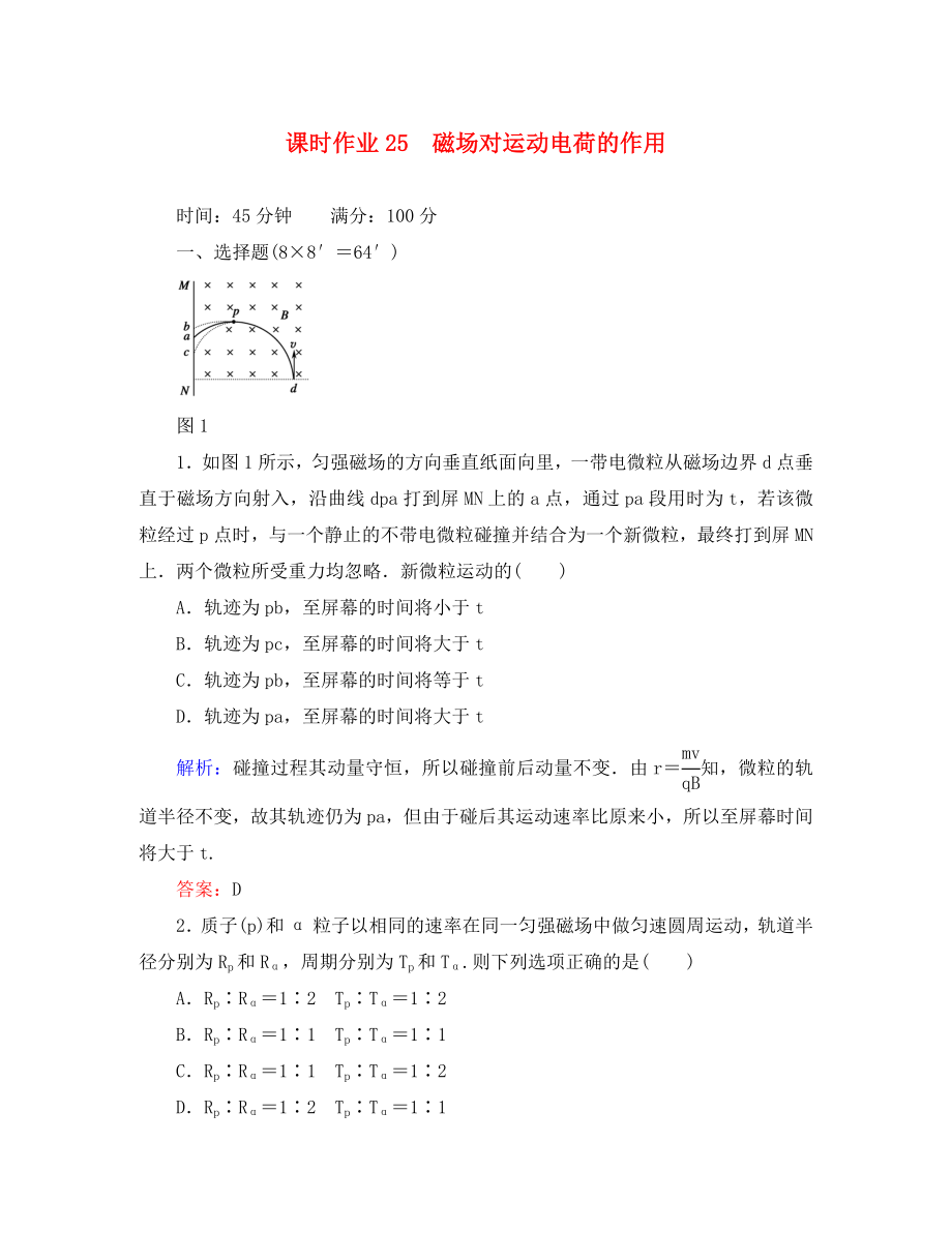 【紅對(duì)勾】2020高考物理 磁場對(duì)運(yùn)動(dòng)電荷的作用課時(shí)作業(yè)_第1頁