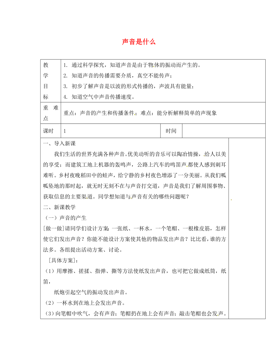 江蘇省淮安市金湖縣呂良中學(xué)八年級(jí)物理上冊(cè) 第一章 第一節(jié) 聲音是什么教案 蘇科版_第1頁(yè)