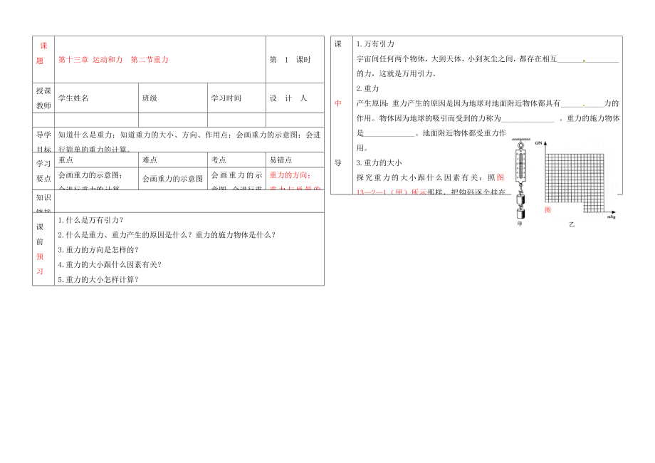 湖北省武漢市陸家街中學(xué)九年級(jí)物理 第十三章 運(yùn)動(dòng)和力 第二節(jié) 重力導(dǎo)學(xué)案（無(wú)答案）_第1頁(yè)