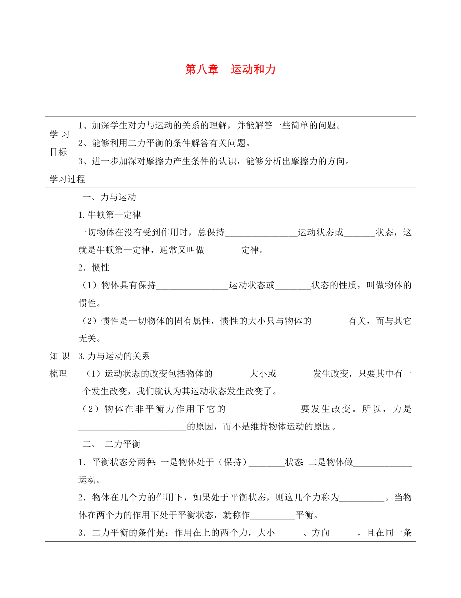 河北省遵化市石门镇义井铺中学八年级物理下册 第八章 运动和力复习导学案（无答案）（新版）新人教版_第1页