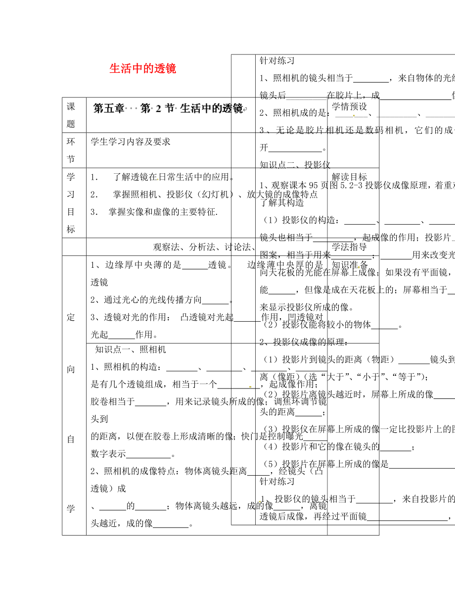 貴州省六盤水市第十三中學(xué)八年級物理上冊 第五章 第二節(jié) 生活中的透鏡導(dǎo)學(xué)案（無答案）（新版）新人教版_第1頁