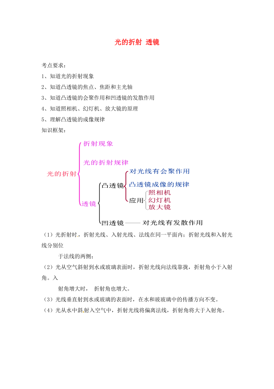 江蘇省連云港市崗埠中學(xué)2020屆中考物理第一輪復(fù)習(xí) 光的折射 透鏡學(xué)案（無答案）_第1頁