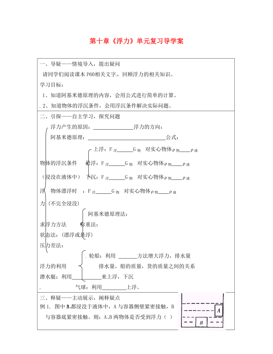 湖北省武汉市八年级物理下册 第十章浮力复习导学案（无答案）（新版）新人教版（通用）_第1页