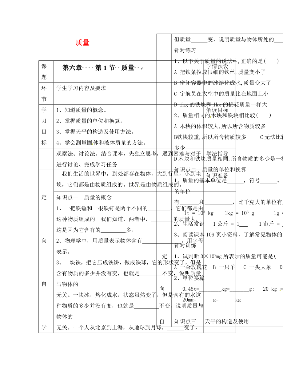 貴州省六盤(pán)水市第十三中學(xué)八年級(jí)物理上冊(cè) 第六章 第1節(jié) 質(zhì)量導(dǎo)學(xué)案（無(wú)答案）（新版）新人教版_第1頁(yè)