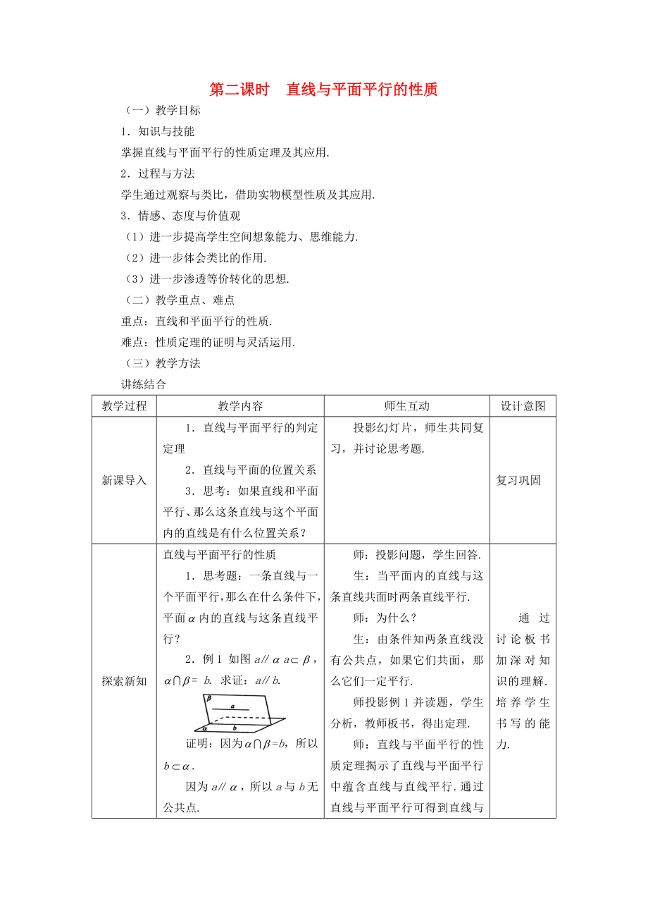 高中數(shù)學(xué) 《直線與平面平行的性質(zhì)》教案1 新人教A版必修2_第1頁