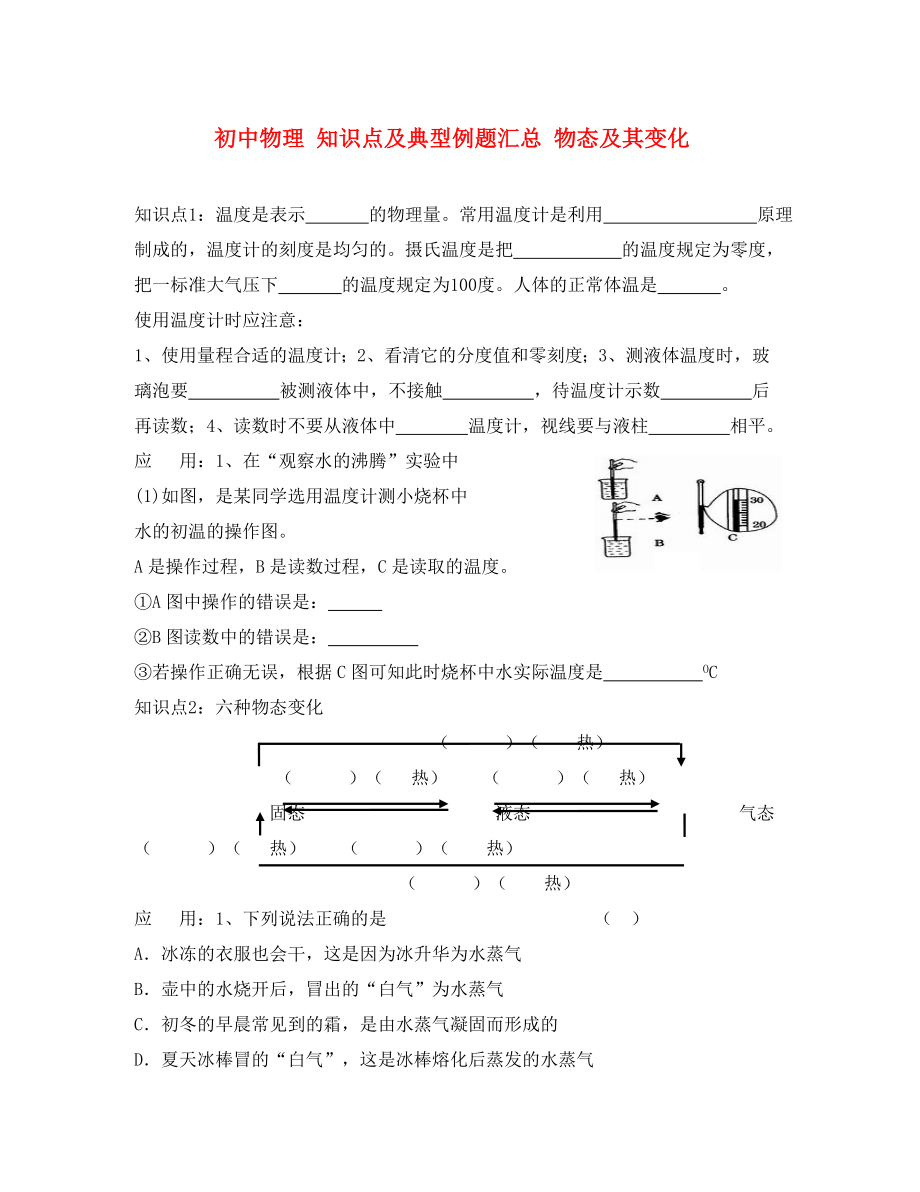 初中物理 知識點及典型例題匯總 物態(tài)及其變化（無答案）_第1頁