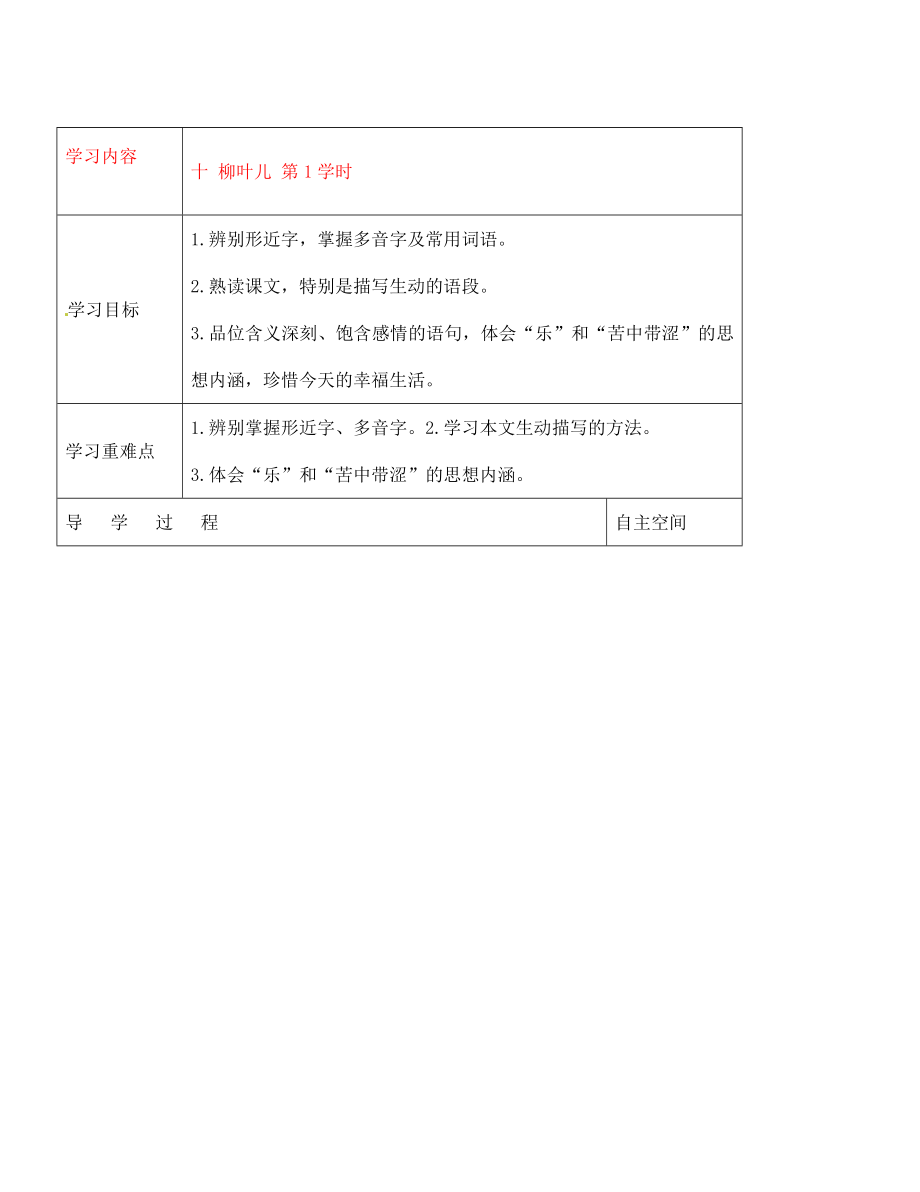 黑龍江省大慶市 第二十七中學七年級語文下冊《十 柳葉兒 第1學時》導學案（無答案） 蘇教版_第1頁