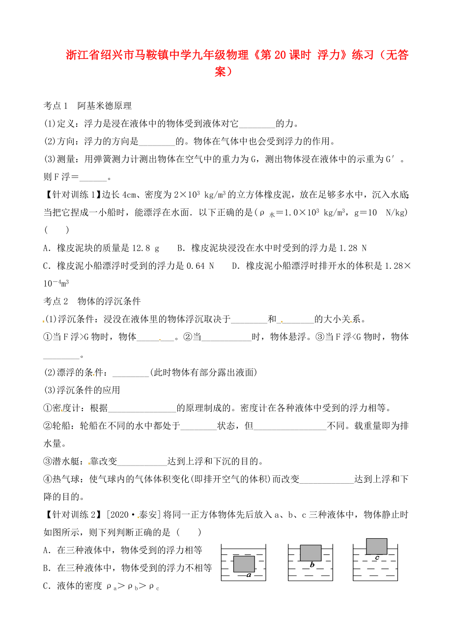 浙江省紹興市馬鞍鎮(zhèn)中學(xué)九年級物理《第20課時 浮力》練習(xí)（無答案）_第1頁