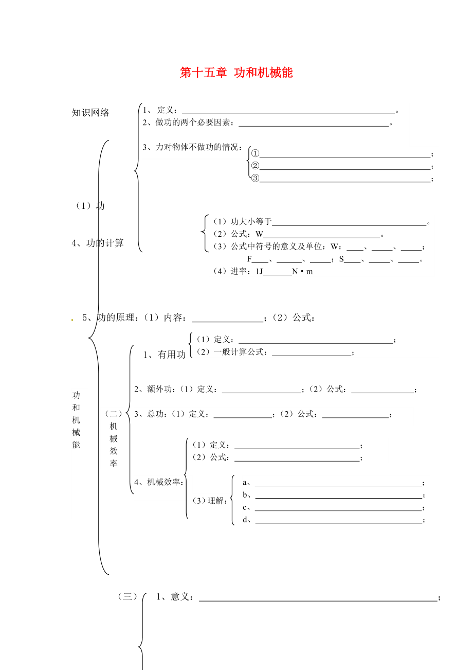 山東省龍口市諸由觀鎮(zhèn)諸由中學中考物理總復習 知識網絡 第十五章 功和機械能（無答案）_第1頁