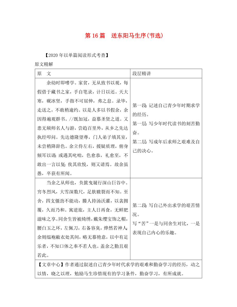 （課標(biāo)版）安徽省2020中考語文 第二部分 閱讀專題四 文言文閱讀 第16篇 送東陽馬生序（節(jié)選）_第1頁