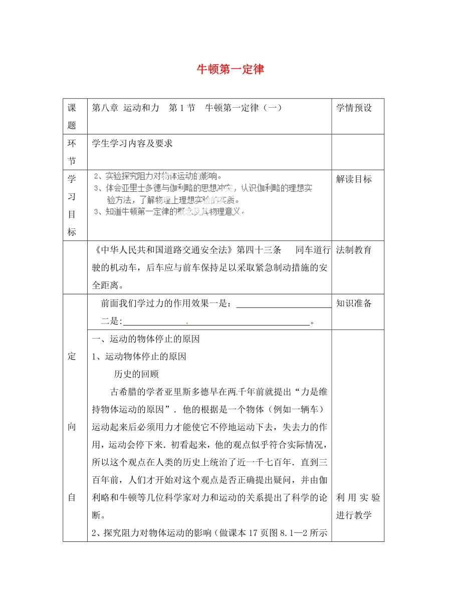 贵州省六盘水市第十三中学八年级物理下册 第八章 第一节 牛顿第一定律导学案（无答案）（新版）新人教版_第1页