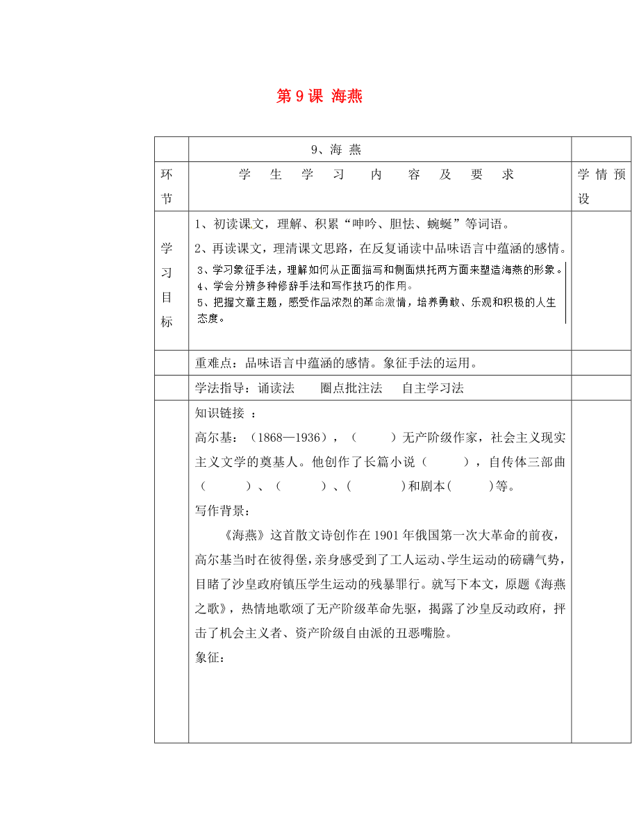 貴州省六盤水市第十三中學(xué)八年級語文下冊 第二單元 第9課 海燕導(dǎo)學(xué)案（無答案） 新人教版_第1頁