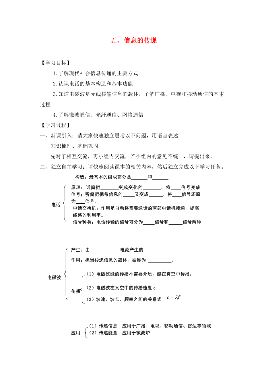 湖北省2020屆九年級(jí)物理全冊(cè) 21 信息的傳遞復(fù)習(xí)學(xué)案（無(wú)答案） 新人教版_第1頁(yè)