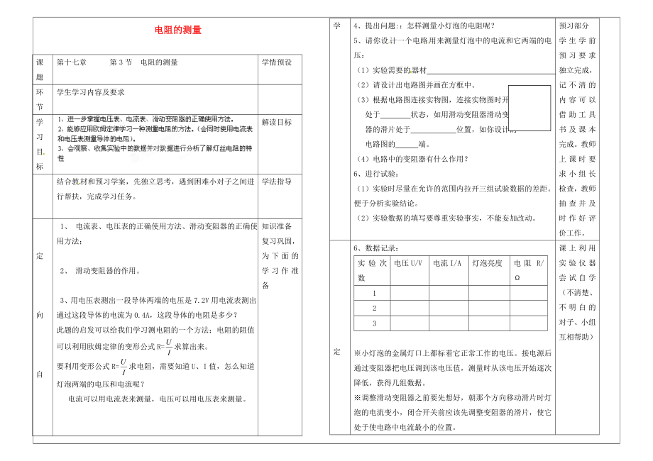 貴州省六盤水市第十三中學(xué)九年級(jí)物理全冊(cè) 第十七章 第3節(jié) 電阻的測(cè)量導(dǎo)學(xué)案（無答案） （新版）新人教版_第1頁