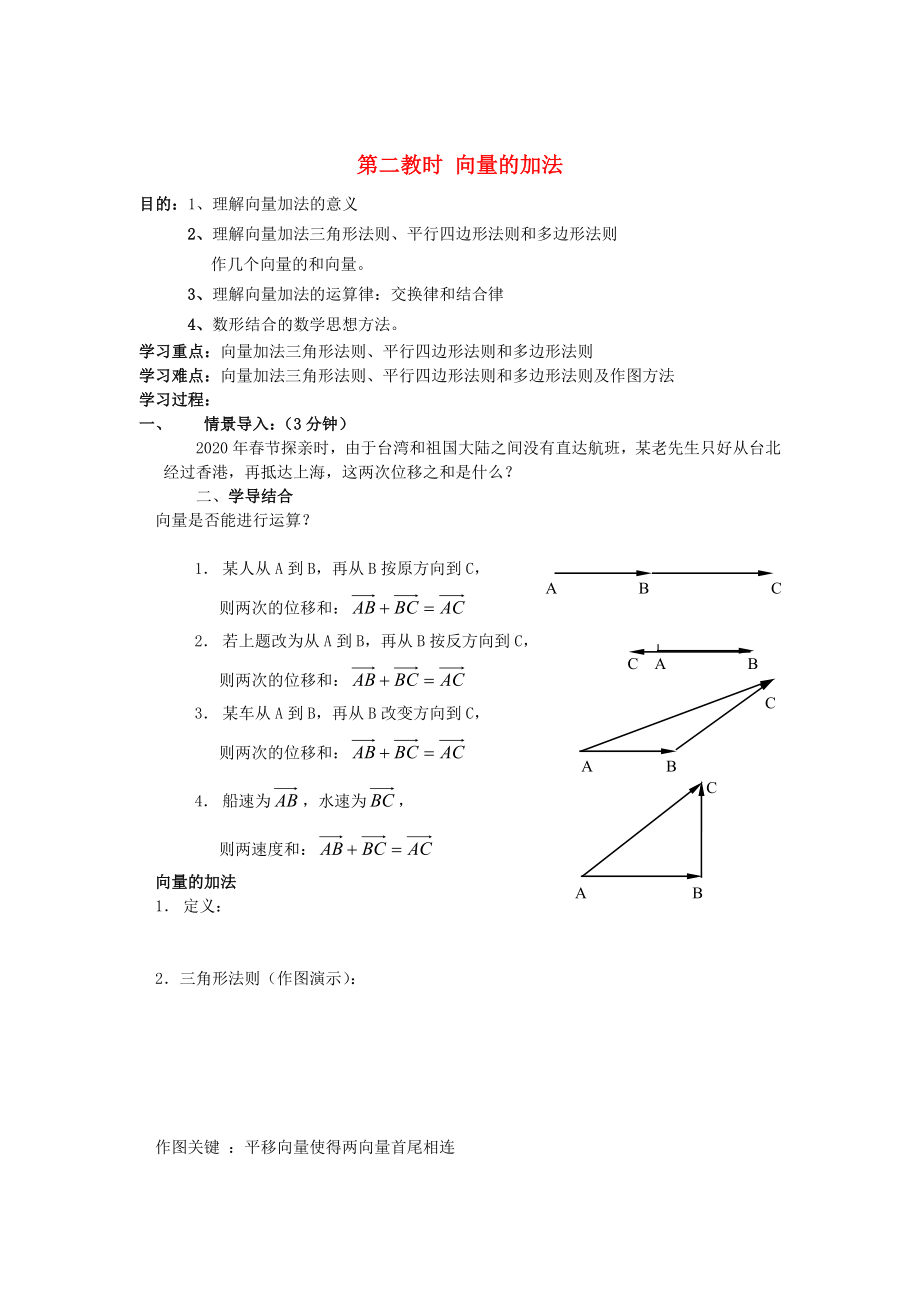 高中數(shù)學(xué) 向量的加法教案 湘教版必修2_第1頁(yè)