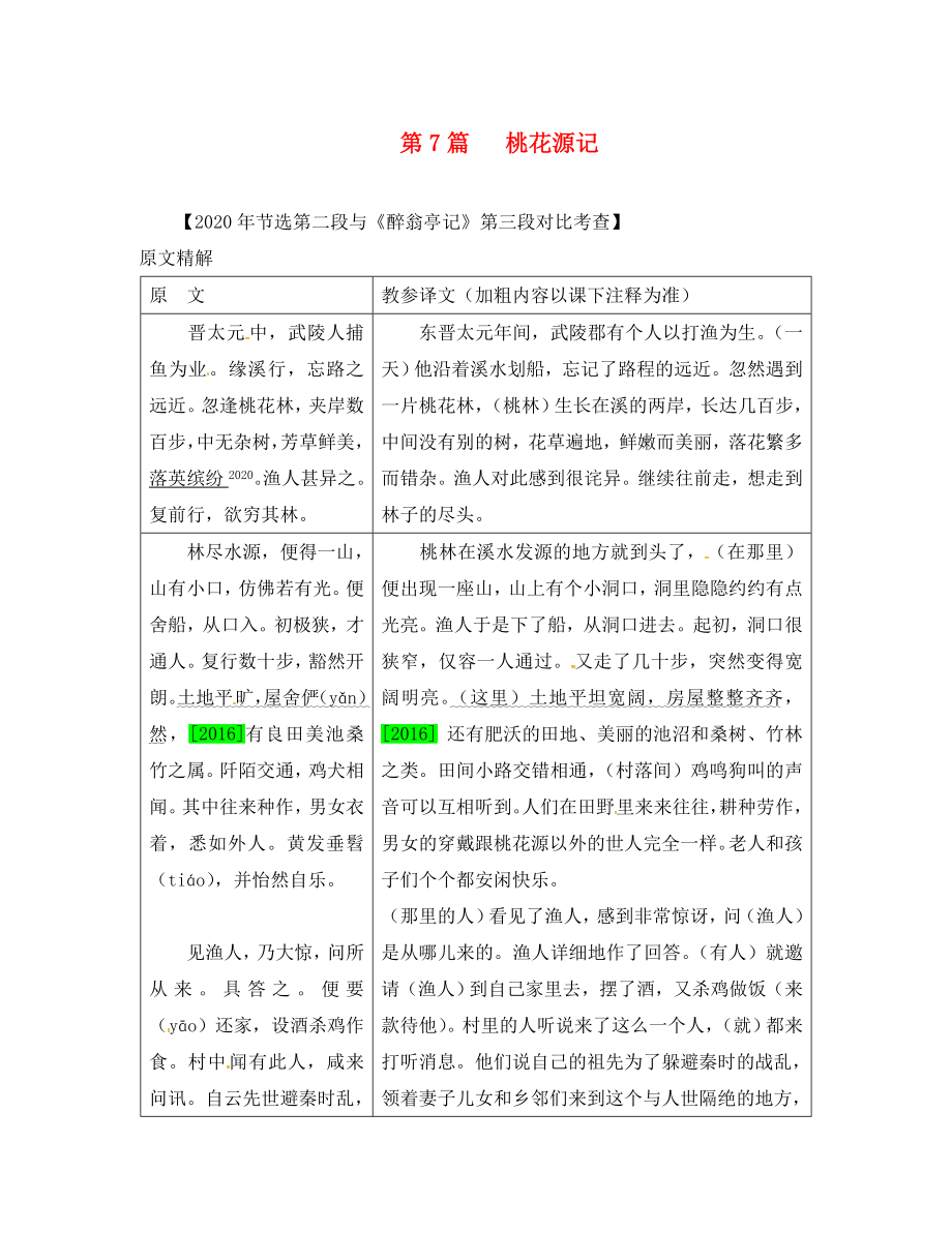 （安徽專用）2020屆中考語文 專題復(fù)習(xí)四 文言文閱讀 第7篇 桃花源記素材_第1頁