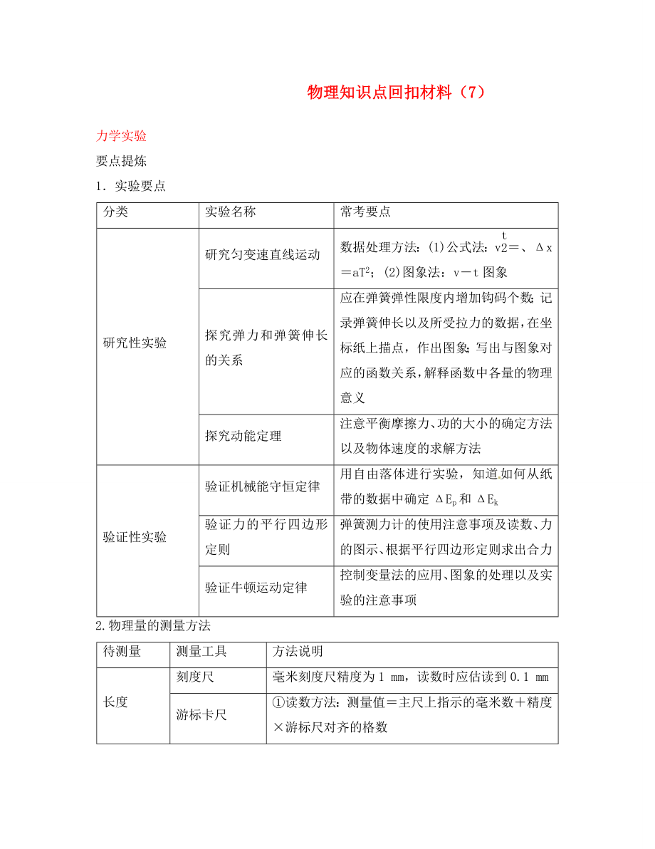 山東省淄博市博山區(qū)第六中學(xué)高考物理專題復(fù)習(xí) 知識(shí)點(diǎn)回扣材料 力學(xué)實(shí)驗(yàn)學(xué)案（無(wú)答案）（通用）_第1頁(yè)