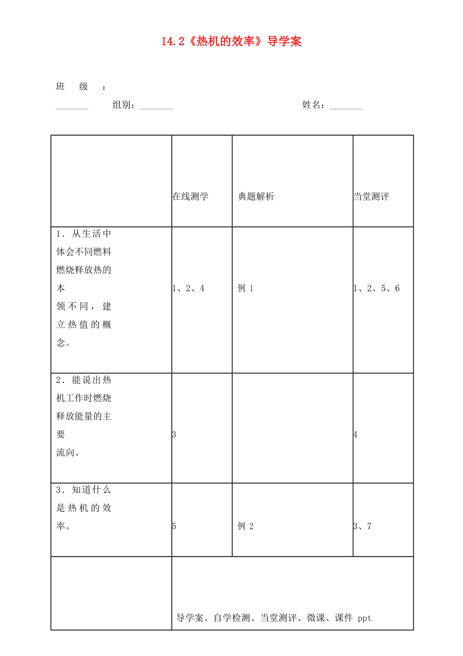 湖北省天門市杭州市九年級物理全冊 14.2 熱機的效率學案（無答案）（新版）新人教版（通用）_第1頁