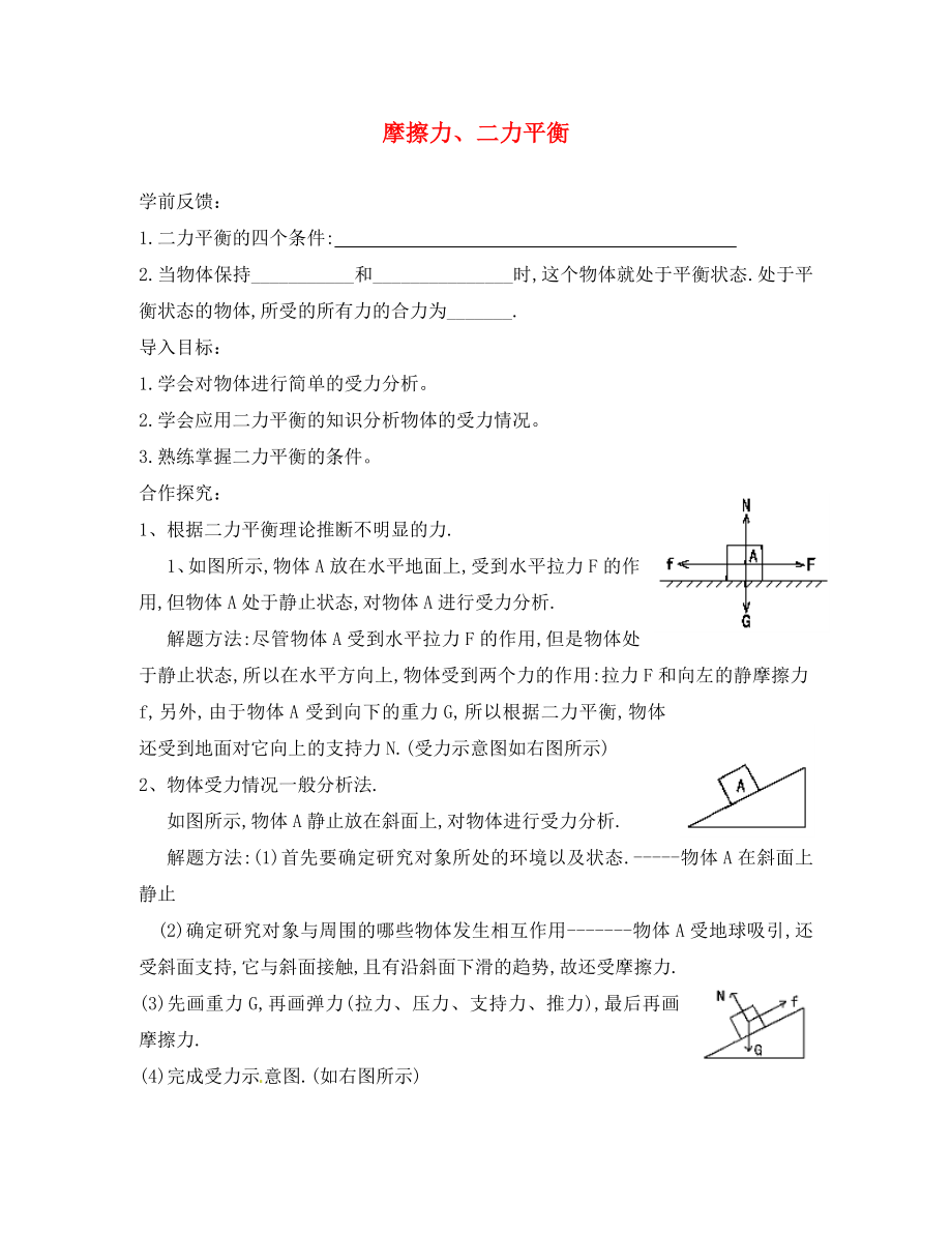 湖南省郴州市汝城县第六中学八年级物理下册 摩擦力、二力平衡导学案（无答案）（新版）新人教版_第1页